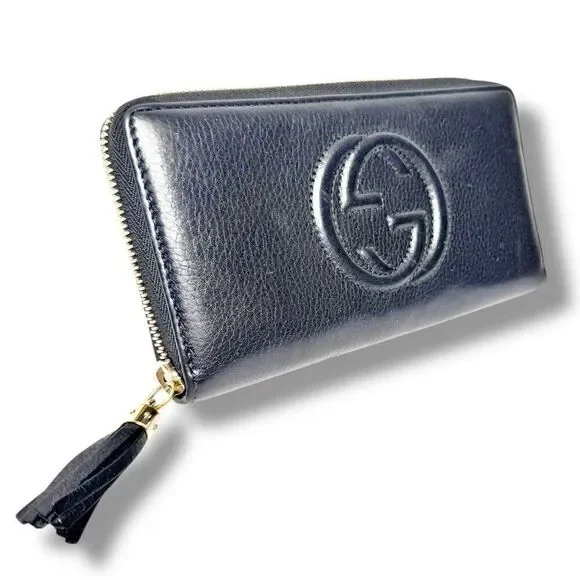 Gucci Soho Interlocking G Tassel Calfskin Leather Zip Around Long Wallet Black - Picture 2 of 8